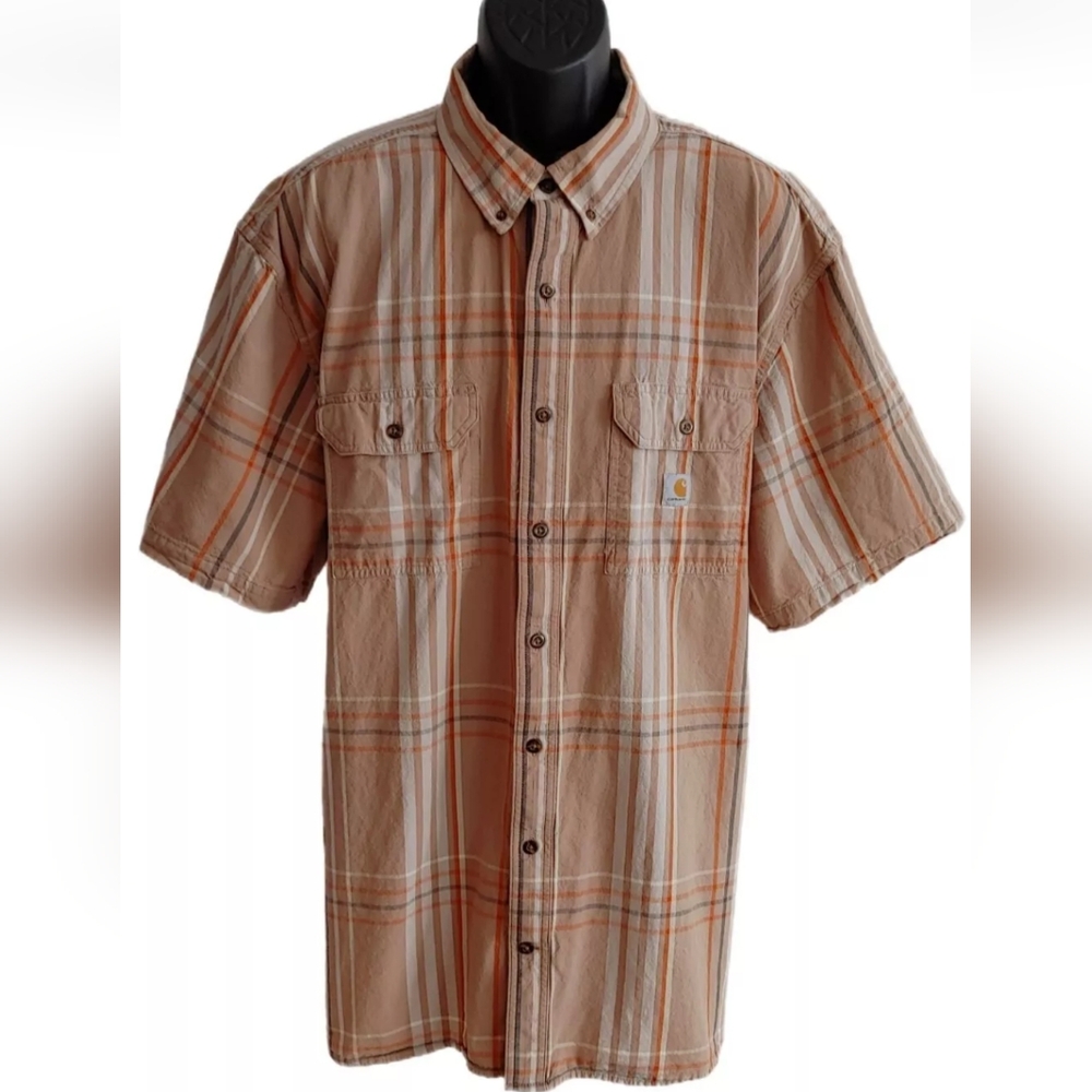 Carhartt Shirt Mens 3 XL Loose Fit Taupe Plaid Midweight Chambray Button Shirt